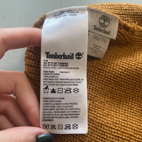 Timberland Tan Brown One Size Woven Knit Beanie Hat With Leather Patch Logo - Picture 7 of 7